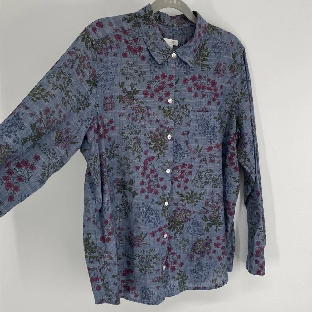 J. Jill Blue Floral Shirt 100% Cotton Size Medium - Picture 4 of 11